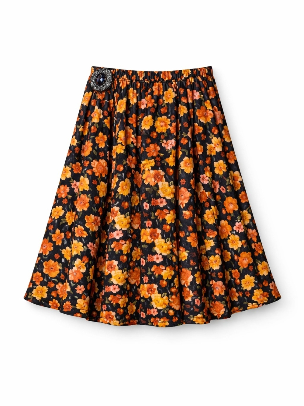 Black Floral Circle Skirt with Orange Blooms